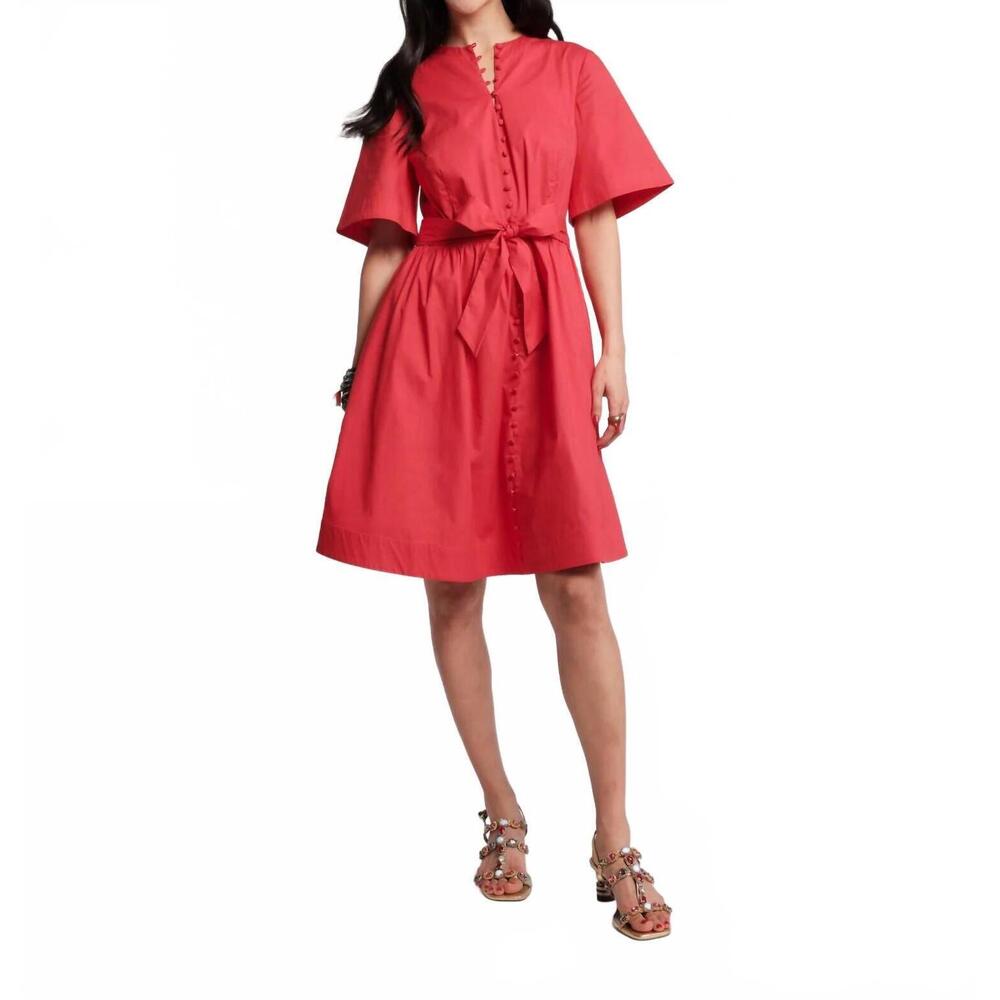 Frances Valentine Red Button-Front Tie-Waist Dress